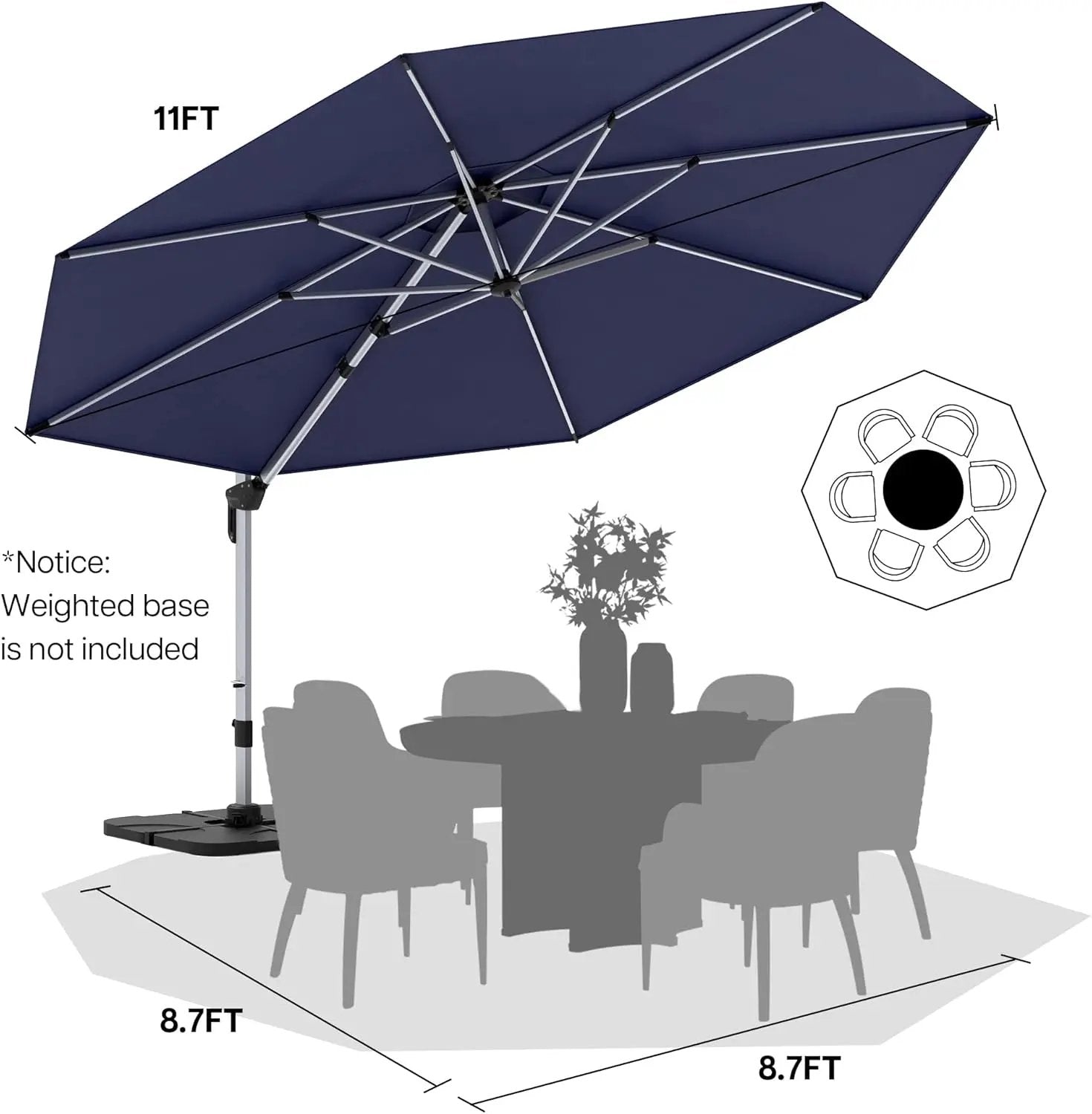 Patio Umbrella, 11FT Outdoor Cantilever Umbrella with 360-degree Rotation for Garden, Deck, Backyard, Pool and Beach, Navy Blue by GreenHaven Gardens