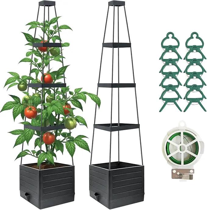 2 Pack Raised Garden Bed Planter Box with Trellis, 58”Tomato Planter with Trellis for Climbing Plants Vegetables Vine Flowers, Self-Watering Tomato Cage for Garden Patio Outdoor & Indoor by GreenHaven Gardens