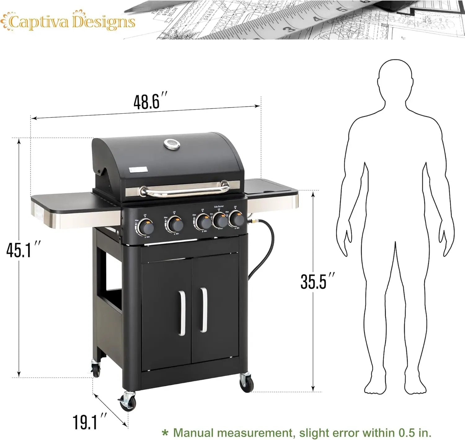 Captiva Designs 4-Burner Propane Gas BBQ Grill with Side Burner & Porcelain-Enameled Cast Iron Grates, 46,700 BTU Output for Outdoor Cooking Kitchen and Patio Backyard Barbecue, Black by GreenHaven Gardens