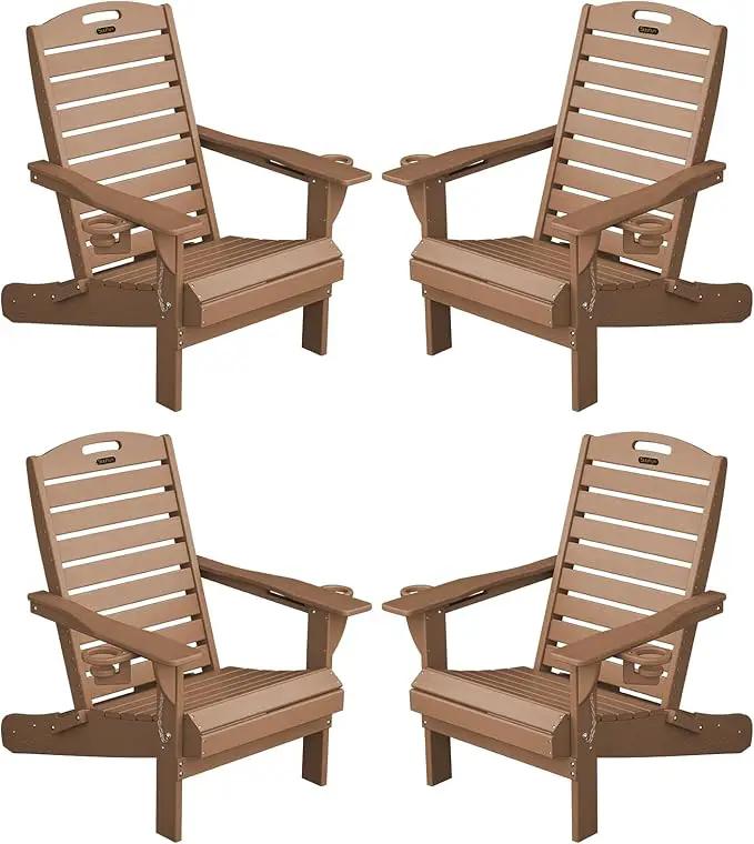 Adirondack Chairs Set of 4, Outdoor Fire Pit Chairs, HDPE All-Weather Adirondack Chairs with Cup Holder, Lawn Chair for Deck, Patio, Garden (Teak) by GreenHaven Gardens