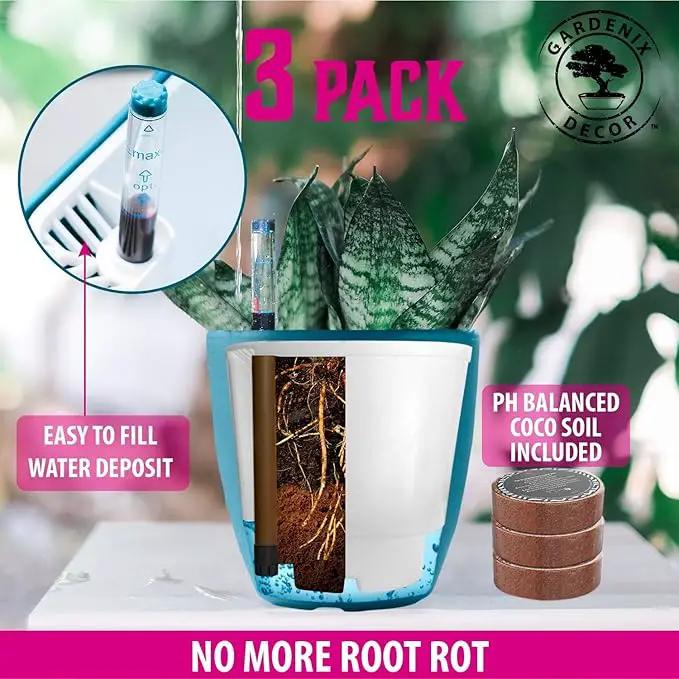 GARDENIX DECOR Self Watering Pots for Indoor Plants 3 Pack - Flower Pot with Water Level Indicator for Plants, Grow Tracking Tool - Self Watering Planter Plant Pot - Coco Coir - Teal by GreenHaven Gardens