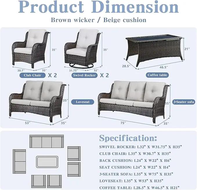 Outdoor Wicker Furniture Patio Set - 7 Piece Backyard Furniture Brown Rattan Conversation Sets with Swivel Rocker Chairs, Rattan Sofa, Club Chairs and Coffee Table, Beige Cushion by GreenHaven Gardens