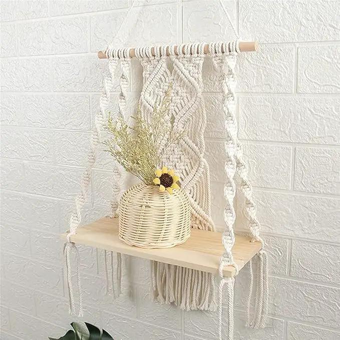 Macrame Wall Hanging Plant Decor Shelf Indoor Outdoor Floating Wood shelve Decorative Hand Made Rope Boho Shelving for Plants by GreenHaven Gardens