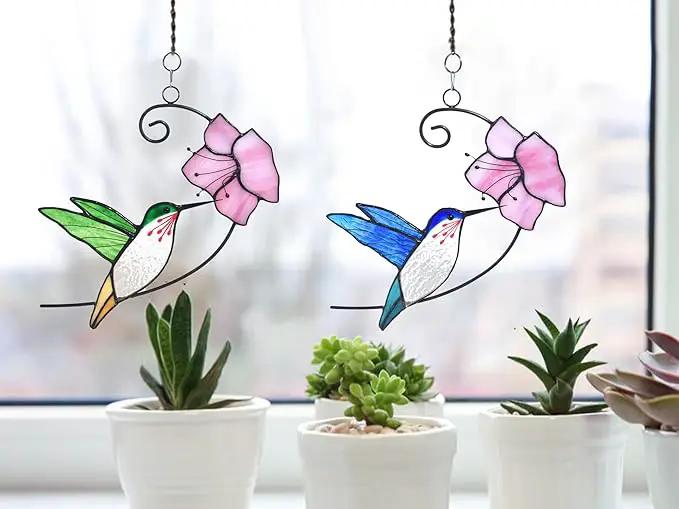 Lolitarcrafts Hummingbird with Flower Stained Glass Suncatcher Bird Stained Glass Window Hangings Hummingbird Gift for Home Decor (Blue with Flower) by GreenHaven Gardens
