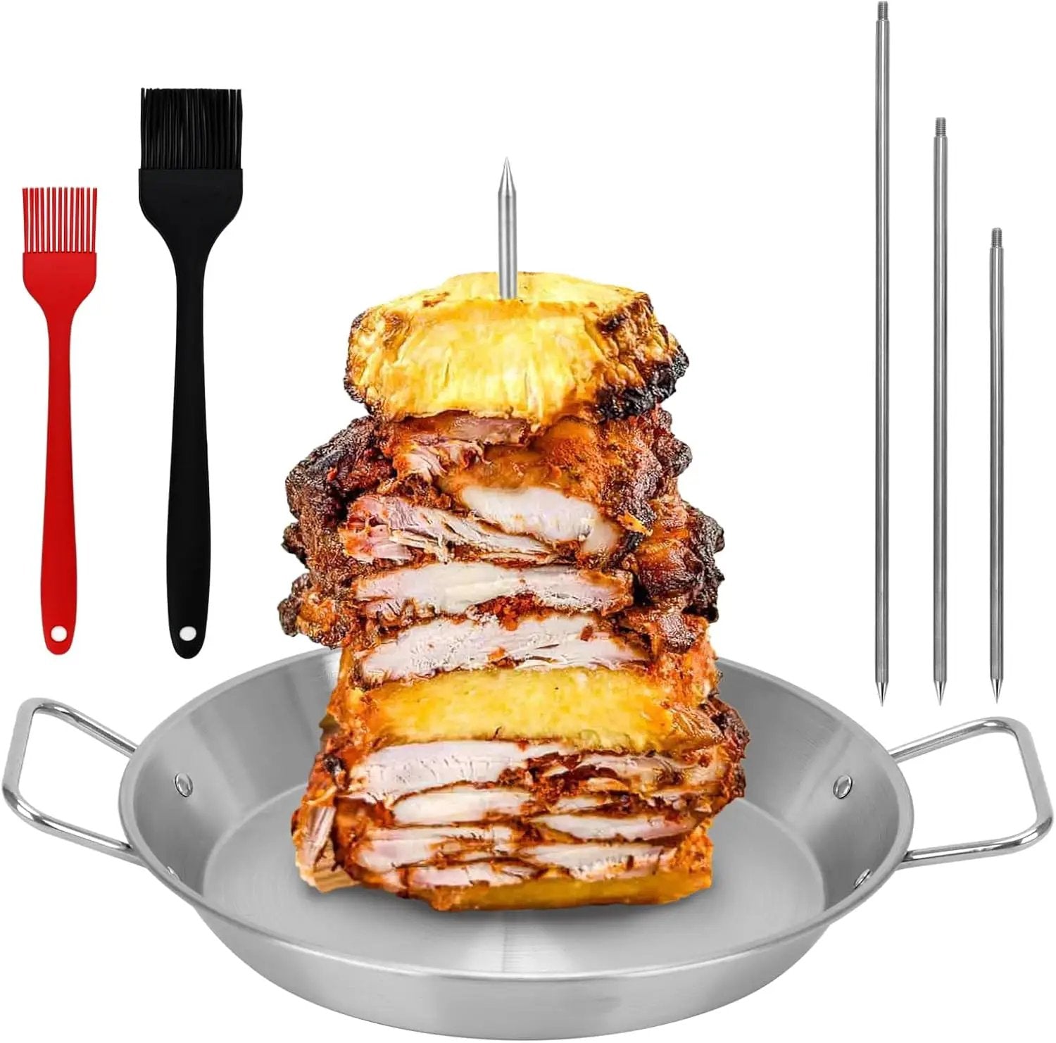 Al Pastor Skewer for Grill, Stainless Steel Vertical Skewer Shawarma Stand Vertical Spit with 3 Removable Spikes(8”/10"/12”) & Brushes Gyro Pan for Tacos, Kebabs Smoker,BBQ by GreenHaven Gardens