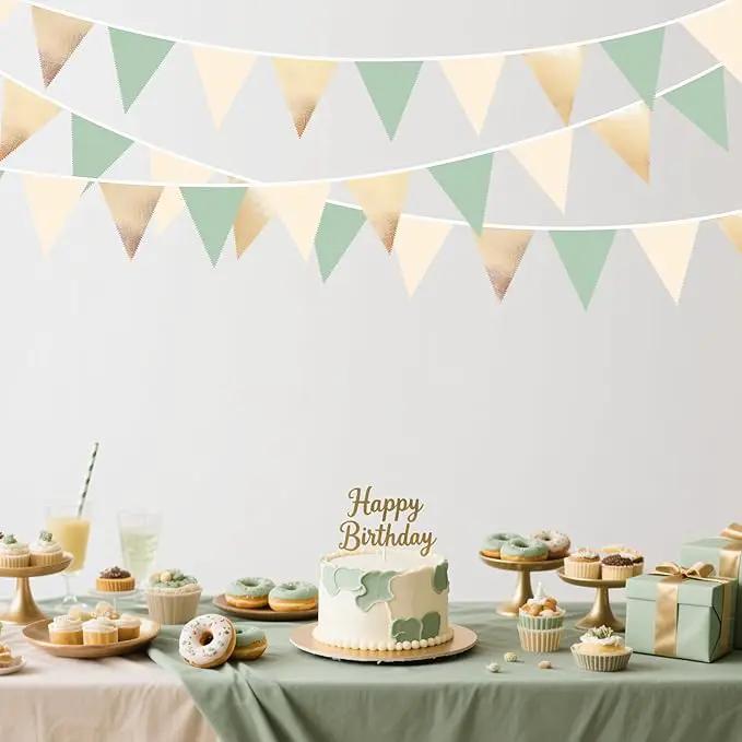 Sage Green Beige Champagne Gold Party Decorations Metallic Fabric Triangle Pennant Banner Bunting Flag Garland for Baby Shower Birthday Wedding Engagement Bridal Shower Graduation Decoration Supplies by GreenHaven Gardens