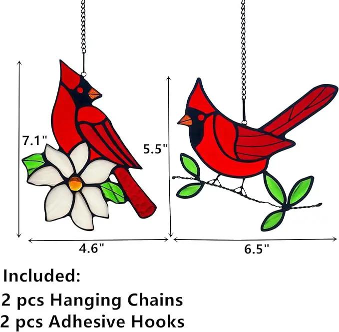 2 Packs Stained Glass Red Cardinal Memorial Gifts for Women, Stained Glass Window Hanging, Red Cardinal on Branch Ornament Suncatcher, Handmade Bird Decor Gift for Mom, Bird Lover by GreenHaven Gardens