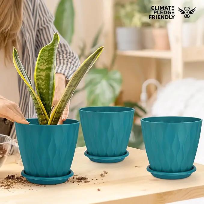 6 inch Plant Pots, 5 Pack Flower Pots Outdoor Indoor, Planters with Drainage Hole and Tray Saucer(Blue by GreenHaven Gardens