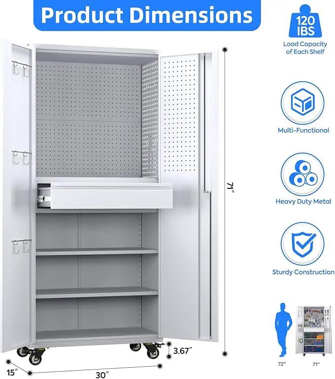 Garage Storage Cabinet with Locking Doors and 2 Adjustable Shelves, 71" H Metal Rolling Tool Storage Cabinet with Wheels, Drawer, Pegboard and 16 Hooks for Garage, Warehouse, White and Gray by GreenHaven Gardens