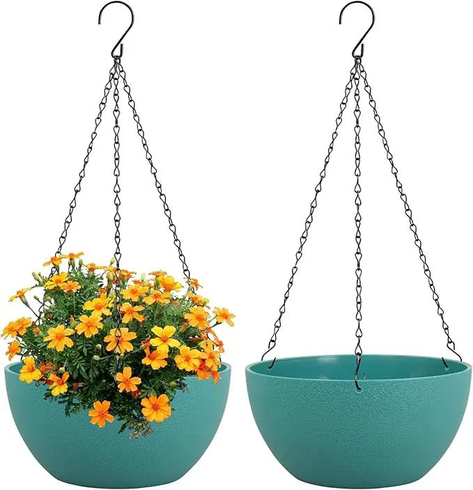 10 inch Hanging Planters for Indoor Outdoor Plants, 2 Pack Hanging Flower Pots with Drainage Holes and Chain for Garden Porch, Plastic Hanging Baskets for House Plants, Blue Green by GreenHaven Gardens