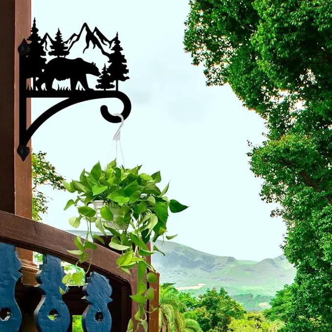 peacoblue Iron Plant Hanger Hook for Outdoor Indoor Hanging Plant Flower Fern Pot Lantern Bird Feeder,12"x15" Weather Resistant Metal Wall Holder for Porch Garden Farmhouse(Forest Bear and Mountain) by GreenHaven Gardens