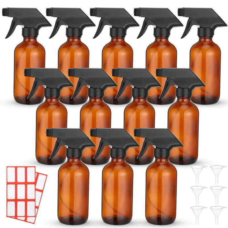 Norme 12 Pcs 8 oz Glass Spray Bottles with Funnels and Labels Refillable Cosmetic Empty Spray Bottles with Sprayer Containers for Essential Oil Cleaning Solutions(Amber,Classic) by GreenHaven Gardens