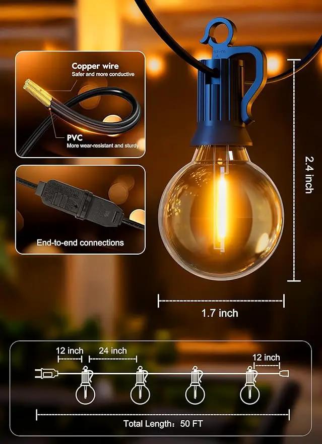 Brightown Outdoor String Lights - Connectable Dimmable LED Patio String Lights with G40 Globe Plastic Bulbs, All Weatherproof Hanging Lights for Outside Backyard Porch (50 ft - 25 LED Bulbs) by GreenHaven Gardens