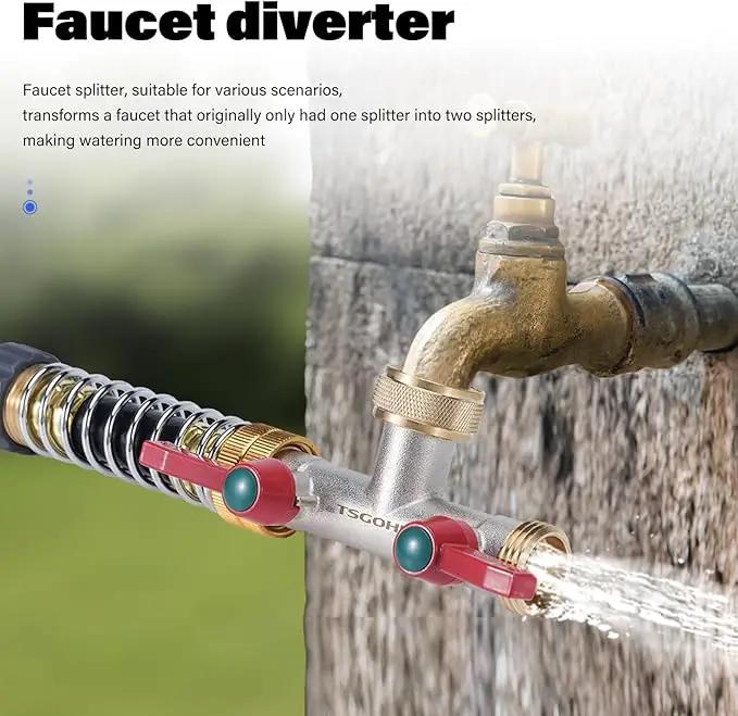 Brass Garden Hose Splitter, 2-Way Heavy Duty Faucet Splitter, 180° longitudinal，Frost Resistant Faucet Diverter for GHT 3/4" Connectors，2 protectors to prevent hose kinking by GreenHaven Gardens