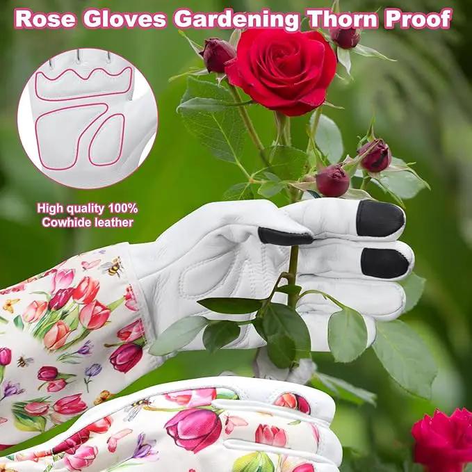 DLY Gardening Gloves for Women, Rose Gloves Gardening Thorn Proof, Long Garden Gloves for Women, Breathable Cowhide Leather Gauntlet(X-Large,White) by GreenHaven Gardens