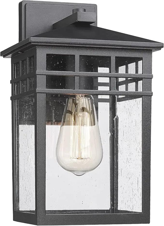 Outdoor Light Fixture Wall Mount, Modern Exterior Lights Fixture Wall Sconces with Seeded Glass for Front Porch, Farmhouse Rustic Waterproof Lantern Lamp in Black Finish for Home, Barn, Garage by GreenHaven Gardens