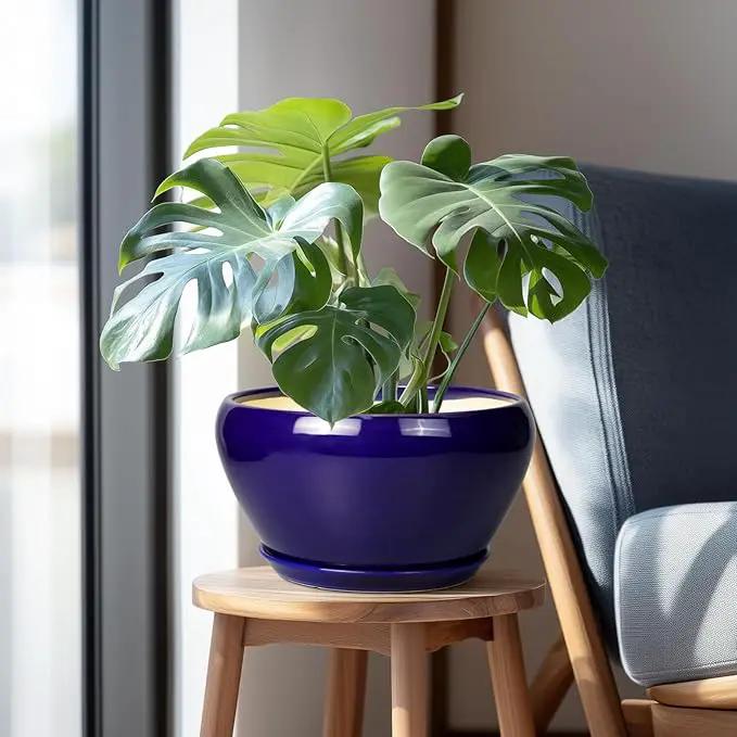 Ceramic Planter Pot 11 Inch - Indoor Planter Pot for Plants with Drainage Hole and Saucer Large Planter Round Outdoor Flower Pot Mid-Century for House Patio Decor Blue by GreenHaven Gardens