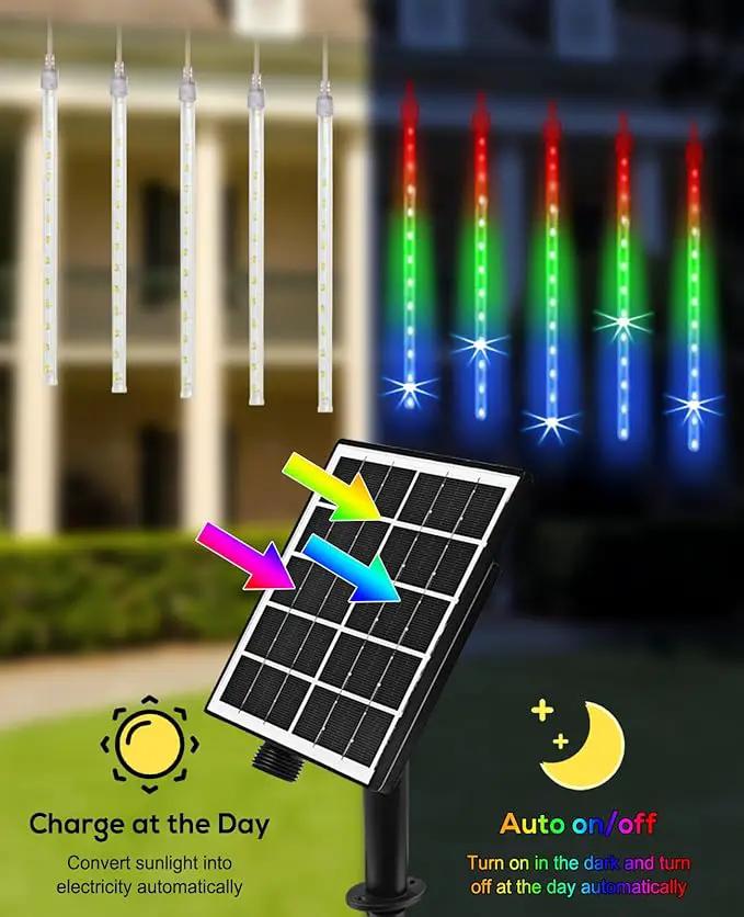 Meteor Shower Lights Outdoor Solar Meteor Lights Falling Rain Lights 16 Tubes 16 Inch 576LED Cascading Snowfall Christmas Lights for Holiday Wedding New Year Party Yard House Roof Tree Mall Decoration by GreenHaven Gardens