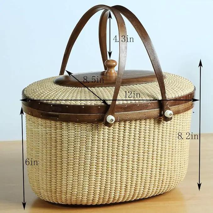 Nantucket Style Basket Picnic Basket Rattan Handmade Products Woven Sewing Storage Basket Two Swing Handles Tote Bag for Women by GreenHaven Gardens