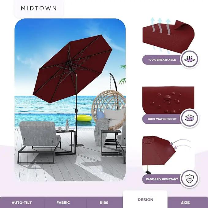 Midtown Umbrellas Sunbrella Umbrella 8 Feet Outdoor Umbrella With Sunbrella Burgundy Acrylic Fabric - Auto-Tilt Aluminum Frame Patio Umbrella For Backyard, Deck, Garden, Pool - Black Pole by GreenHaven Gardens