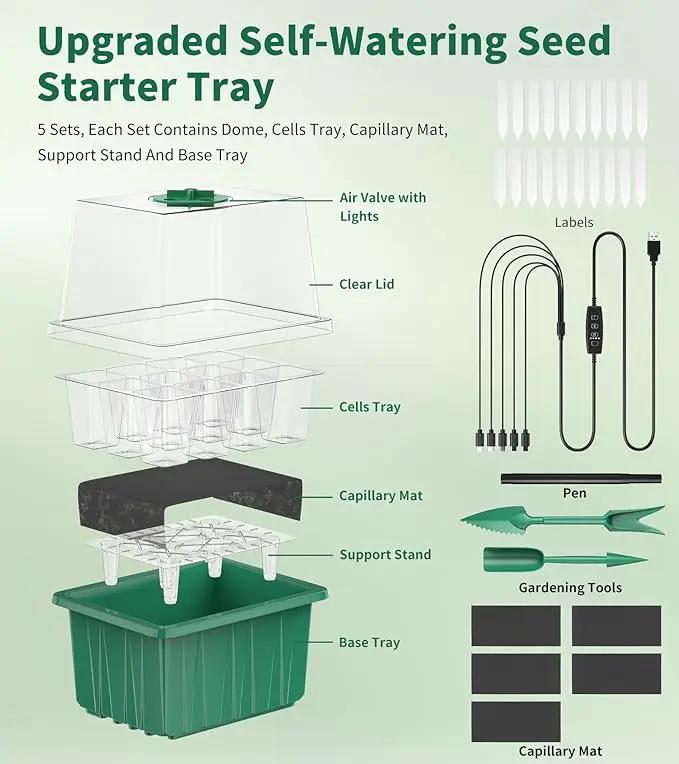 Seed Starter Tray, 60-Cells Seedling Starter Trays with Grow Light, Self-Watering Seed Germination Kit for Indoor Gardening Seed Starting (5 Pack, Green Base) by GreenHaven Gardens