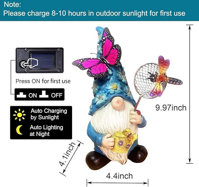 Garden Gnome Statues Outdoor Decor Solar Gnomes with Butterfly on LED Lighted Flowers, Resin Blue Gnomes Sculpture for Patio Yard Lawn Onament Decoration by GreenHaven Gardens