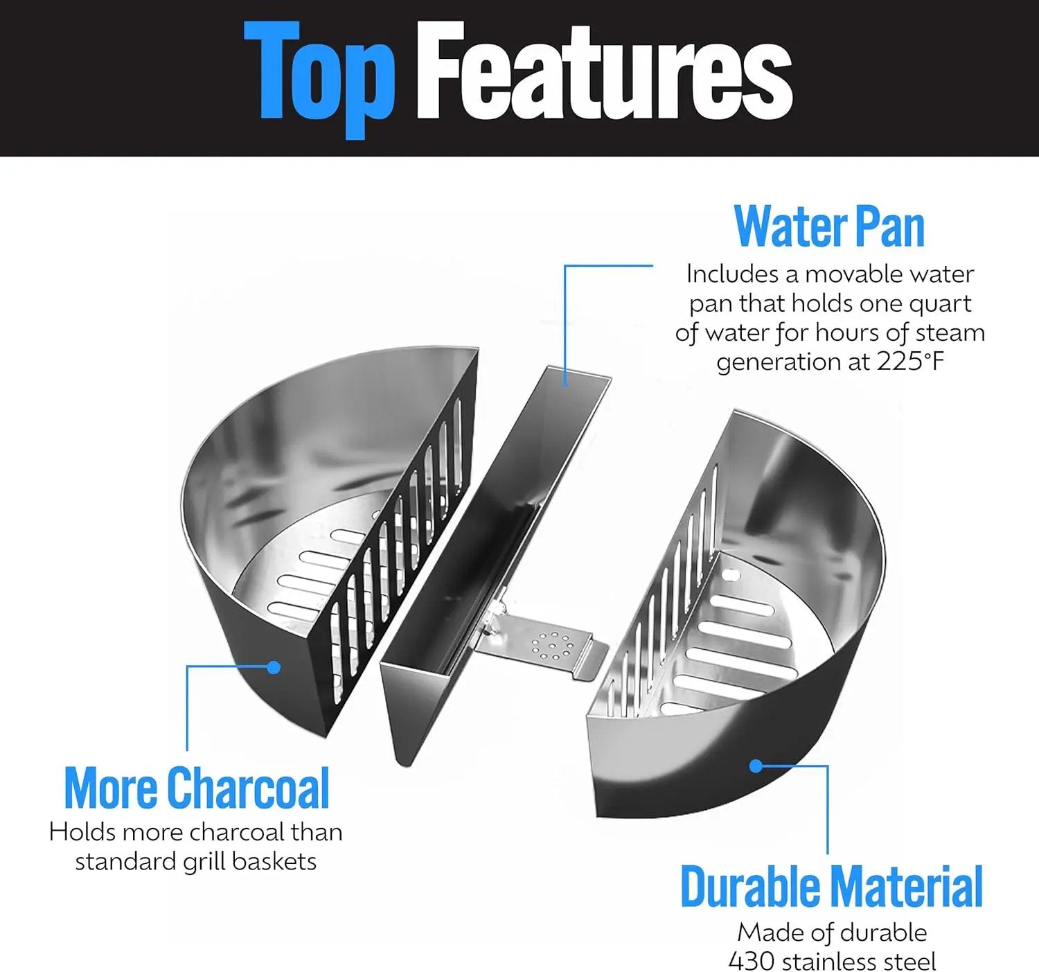 SnS Grills Slow ‘N Sear Charcoal Fire Baskets with Water Pan - Large Capacity Heavy Duty Stainless Steel Outdoor Grill Basket, Kettle Grill Accessory - Compatible with Weber and other Kettles by GreenHaven Gardens