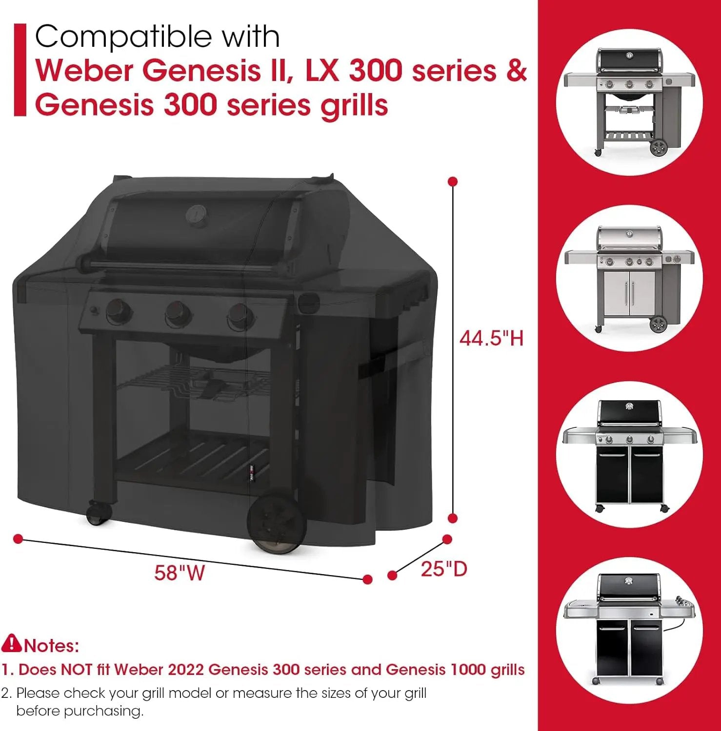 Unicook 58 Inch Grill Cover for Weber Genesis II, LX 300 Series and Genesis 300 Series Gas Grills, Heavy Duty Waterproof Fade Resistant BBQ Cover, All Weather Protection, Compared to Weber 7130 by GreenHaven Gardens