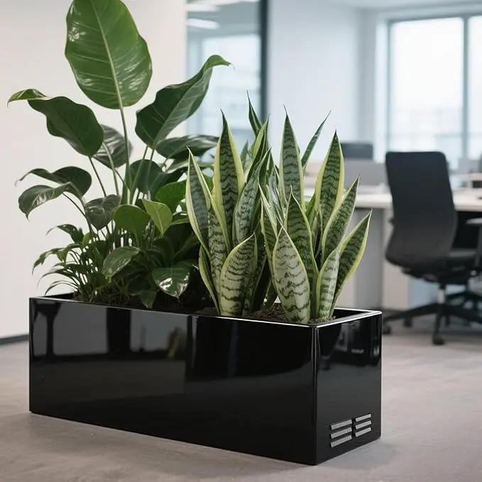 Worth Garden Metal Planter Box - 30" L x 11" W x 13" H Glossy Black Heavy Duty Large Rectangular Steel Modern Plant Pot, Indoor Outdoor - Insert Plate with Drain Holes, Air Vents, No Assembly Required by GreenHaven Gardens