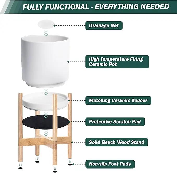 D'vine Dev Ceramic Planter with Natural Stand - 12 Inch Modern Round Flower Pot with Wood Planter Holder, White, 55-B-J-1 by GreenHaven Gardens
