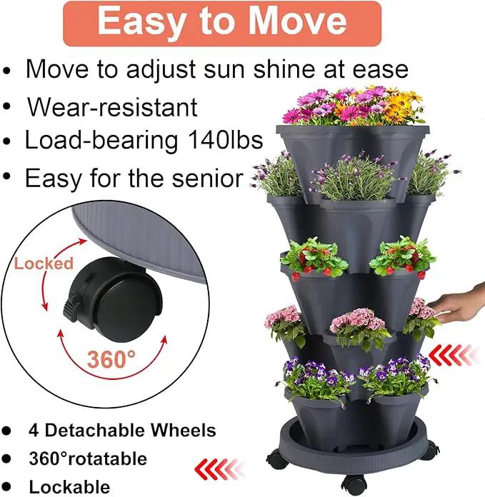 Vertical Planter 5 Tier Stackable Planters Garden Planters Strawberry Herb Flower and Vegetable Planter Indoor Outdoor Gardening Pots with Removable Wheels and Tools by GreenHaven Gardens