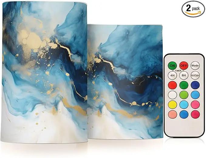Flickering Flameless Candles, Marble Navy Blue LED Candles with Remote Timer, Set of 2 Battery Operated Candle for Valentine Wedding Birthday by GreenHaven Gardens
