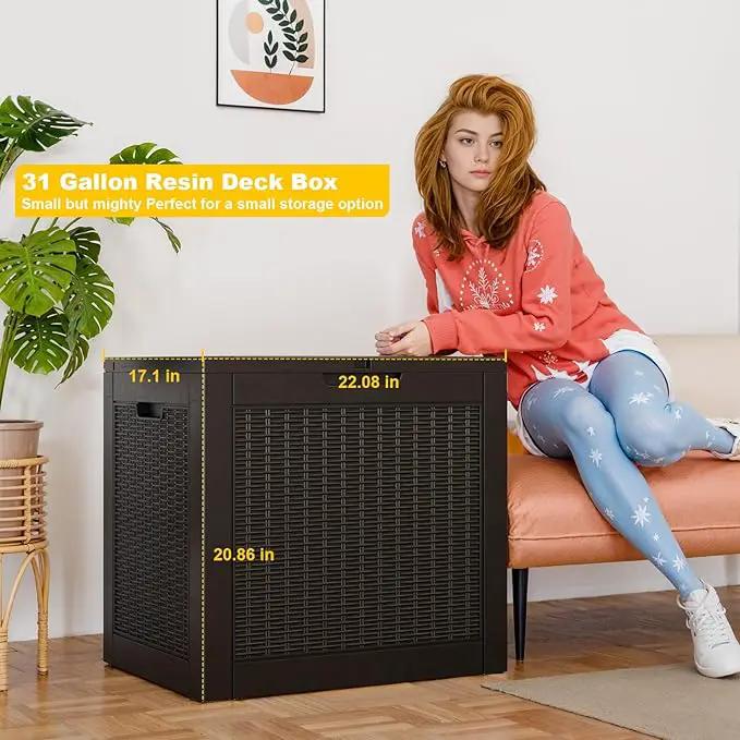 30 Gallon Wicker Pattern Resin Deck Box, Lockable Patio Outdoor Storage Box for Furniture, Garden Tools and Tools Storage, Waterproof Outside Storage Box - Black Rattan by GreenHaven Gardens