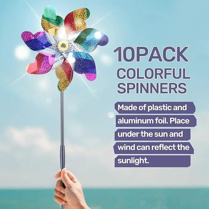 BATTIFE 10 Pack Sparkly Rainbow Pinwheels, Reflective Wind Spinner for Yard and Garden with Stakes, Decor Windmill to Scare Birds Away for Lawn and Patio by GreenHaven Gardens