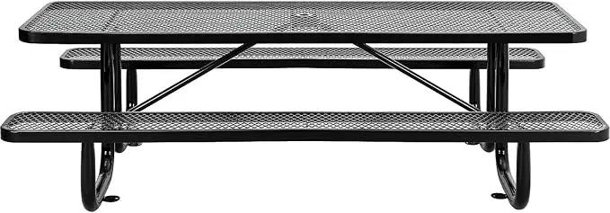 Global Industrial 8’L Rectangular Picnic Table, Expanded Metal, Black Thermoplastic Coating, Attached Benches, 1-1/2” Umbrella Pole Hole, Outdoor-Rated, 1000 lb Capacity, 96” x 30” Tabletop by GreenHaven Gardens