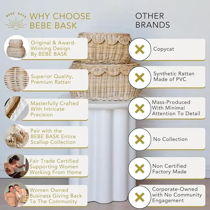 BEBE BASK The Original Scalloped Basket Set Of 2 – Small Scallop Basket - 15 x 10 x 6 In - Hand-Woven & Award-Winning - Elegant Wicker With Scalloped Edge Lid - Nursery Storage - (Natural) by GreenHaven Gardens