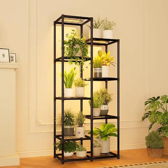 Plant Stand Indoor with Grow Lights Tall Plant Shelf Outdoor Plant Rack Metal Plant Holder Waterproof Black for Multiple Plants Table Flower Pot for Living Room Patio Balcony Garden by GreenHaven Gardens