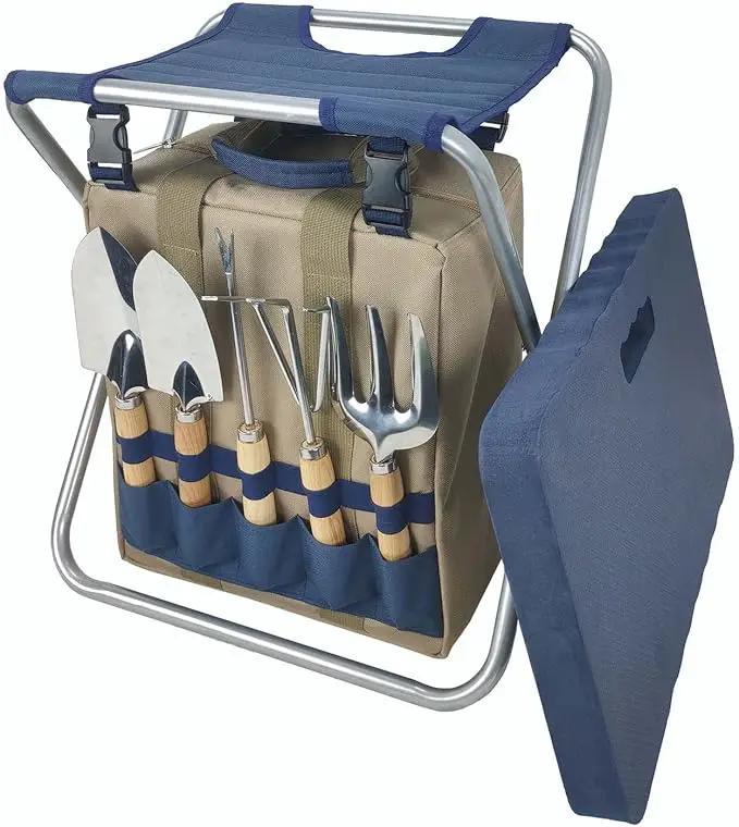 Garden Folding Gardener Stool with Gardening Tools Insulation Garden Bags Plus 5 Garden Tools and Gardening Kneeler Ideal Gift for Mother's Day/Father's Day (Navy Blue) by GreenHaven Gardens