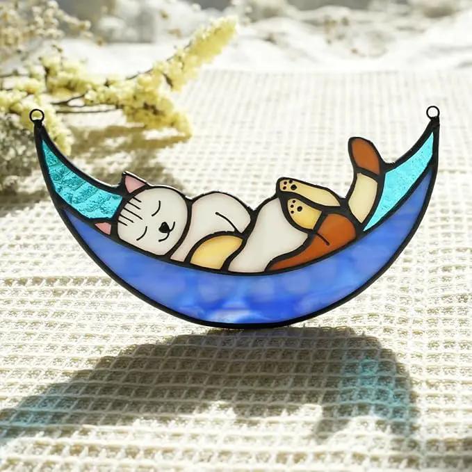 BOXCASA Sleeping Cat Stained Glass Windown Hanging,Cat on Moon Beautiful Handcrafted Sun Catcher Gifts for Daughter,Mothers Day,Christmas and Cat Lover by GreenHaven Gardens