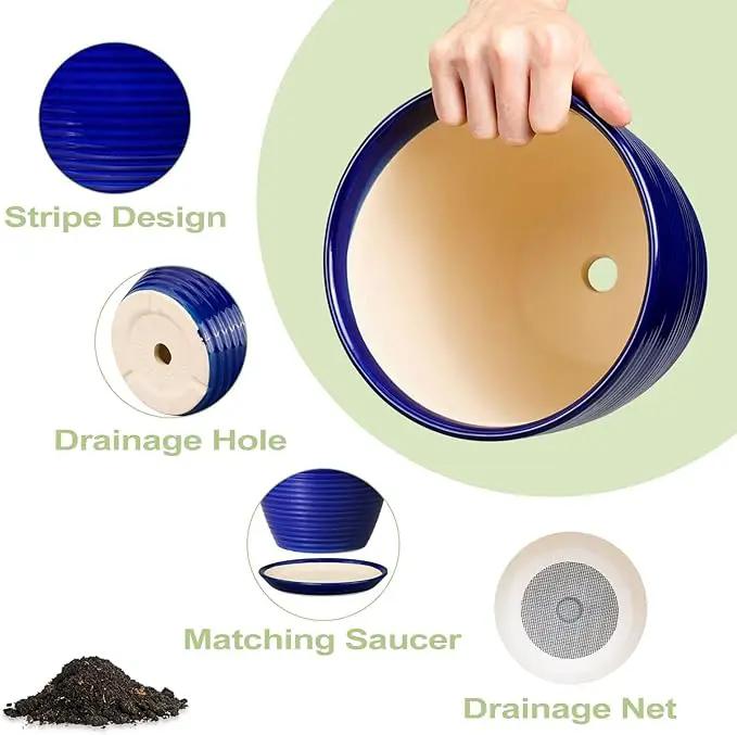Ceramic Planter Pot - 12 Inch Pot for Plants Large Indoor Plant Pot with Drainage Hole and Saucer Fluted Round Planter for Outdoor Plants Flower Pot for Home Garden Blue