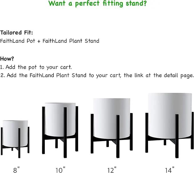 FaithLand Plant Pot 8 inch - Perfectly Fits Mid-Century Modern Plant Stand - Drainage Plug and Drainage Mesh Screen - White Planter Pot. by GreenHaven Gardens