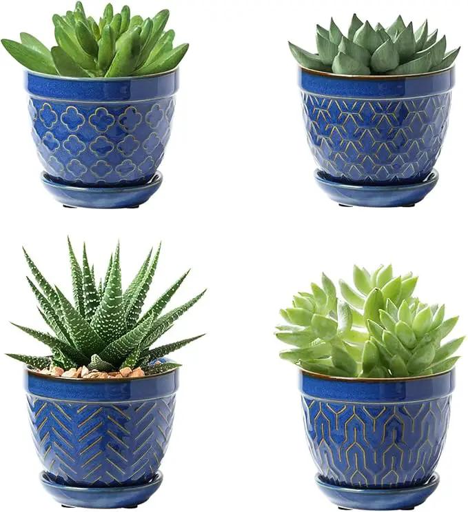 Sureasy Succulent Pots, 3.5 Inch Flower Pots for Indoor Plants, Small Plant Pots with Saucer & Drainage, Decorative Ceramic Planters for Succulent, Cactus, Set of 4, Blue by GreenHaven Gardens