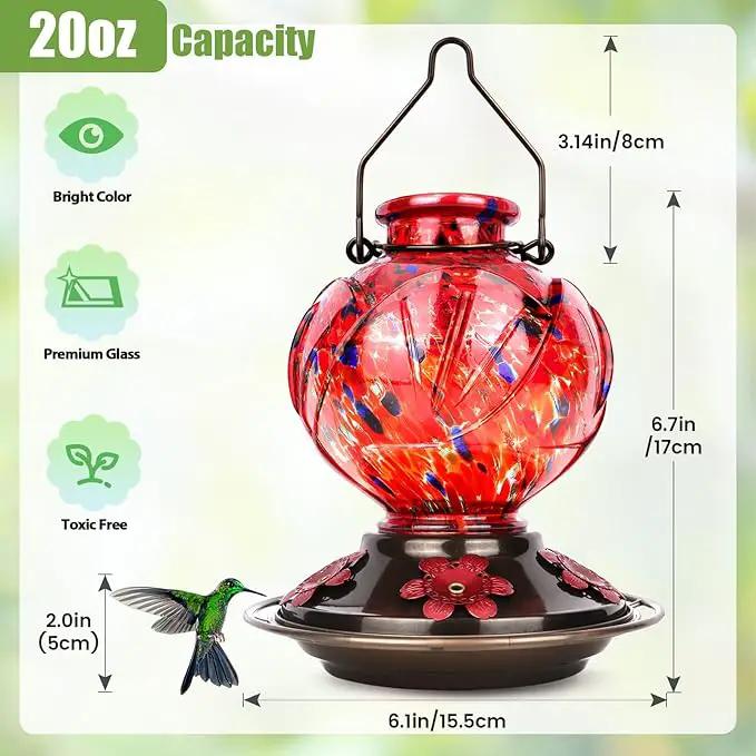 BOLITE Hummingbird Feeder, Hand Blown Glass Hummingbird Feeders for Outdoors Hanging, with Ant Moat and 5 Feeding Ports, 22 Ounces, Peony Flower Shape, Red, Gifts for Women Men, Gifts for Mom Dad by GreenHaven Gardens