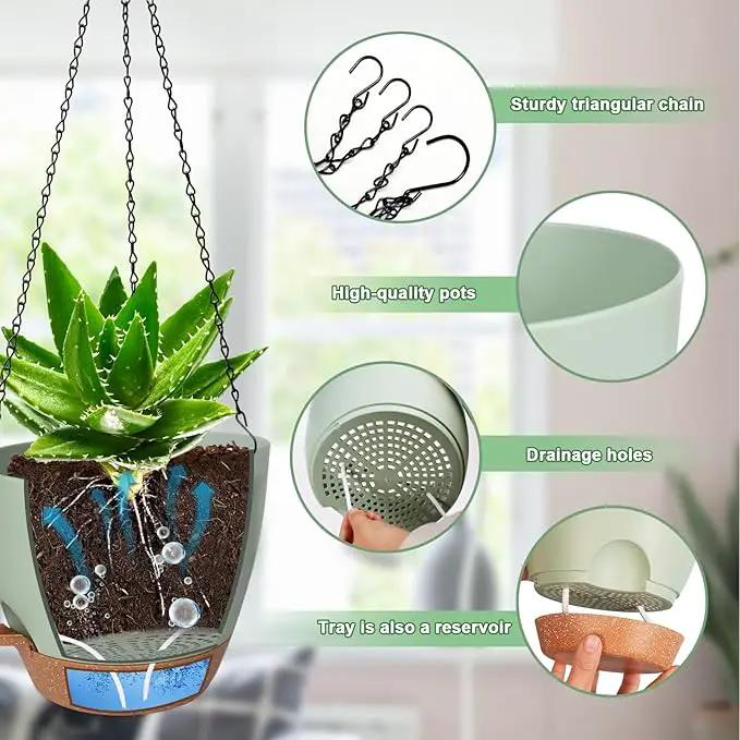 10/9/8 Inch Hanging Planter for Indoor Outdoor Plants, 3 Pack Self-Watering Hanging Pot with Drainage Holes Hanging Planter Baskets Plant Pots with Removable Tray (Green+Brown) by GreenHaven Gardens