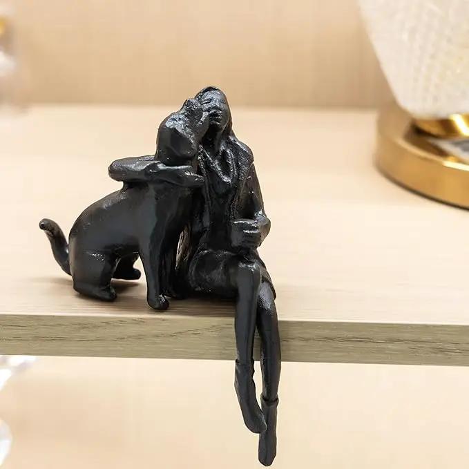 Cast Iron Sitting Woman and Dog Statue, Love Figurine, Gifts for Dog Lovers, Memorial Gifts for Women and Girls, Black by GreenHaven Gardens