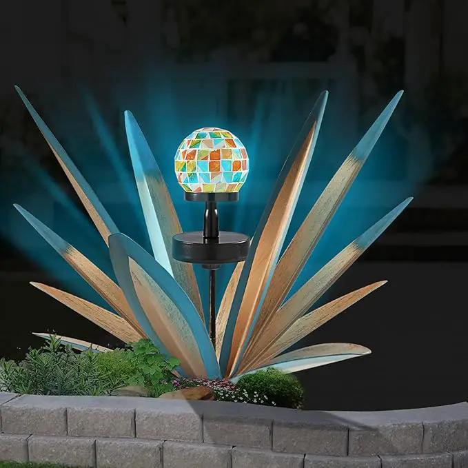 Enlarge Metal Plants Tequila Rustic Sculpture, Outdoor Patio Yard, Home Decor Hand Painted Agave Garden Statue, Outdoor Lawn Ornaments Yard Stakes for Mom Gift (1 Solar Blue) by GreenHaven Gardens