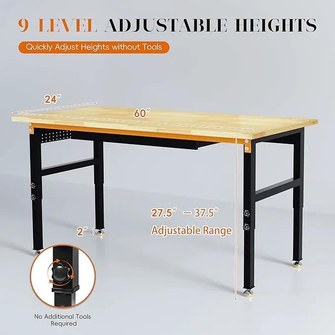 60" Adjustable Height Workbench, 2000 LBS Heavy Duty Work Table with Power Outlets & Pegboard, Rubber Wood Workstation for Garage, Workshop, Office, Home, Commercial by GreenHaven Gardens