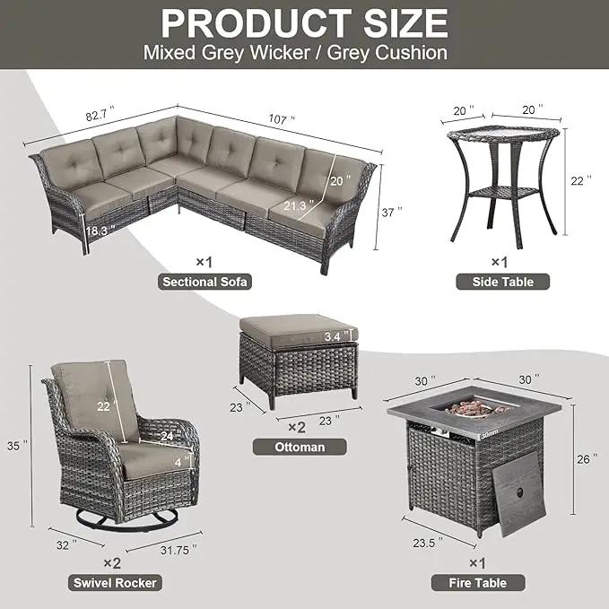 Outdoor Sectional Furniture Sofa Set with Propane Fire Pit Table, Wicker Patio Conversation Set with 2 Swivel Rocker Glider Chairs Grey Cushion Perfect for Backyard Casual Gathering by GreenHaven Gardens
