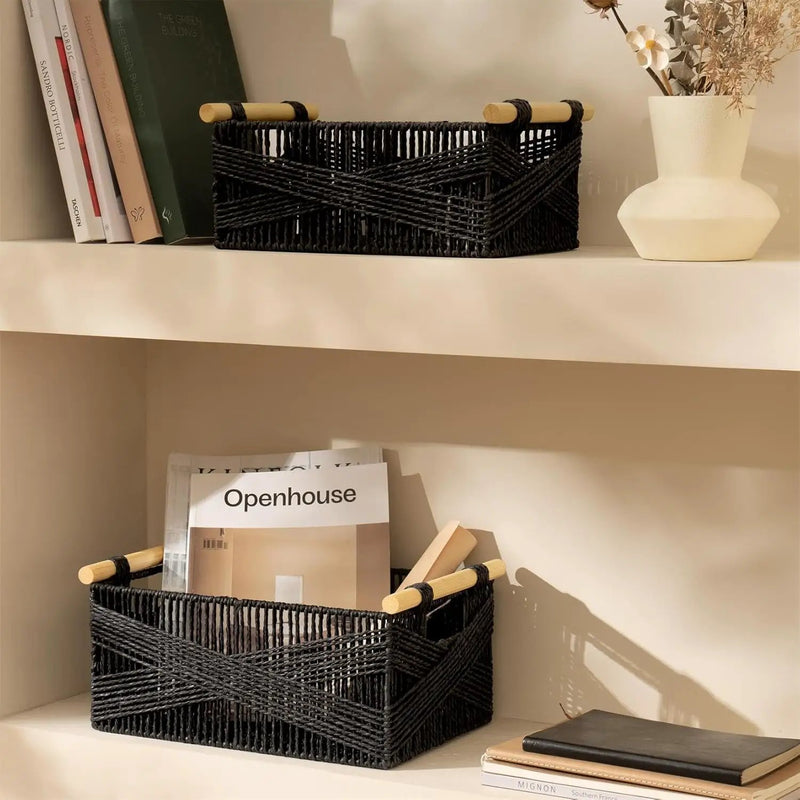 LA JOLIE MUSE Wicker Storage Baskets for Organizing, Recyclable Paper Rope Basket with Wood Handles, Decorative Hand Woven Basket Organizers for Makeup Books Shelves Living Room, Black, Set of 2 by GreenHaven Gardens