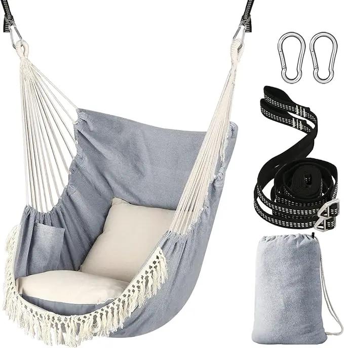Chihee Hammock Chair Hanging Swing 2 Pillows Included,Strong Webbing Straps and Hooks for Easy Hanging Soft Cotton Hanging Chair Side Pocket Tassel Chair Comfort Indoor Outdoor Light Grey by GreenHaven Gardens